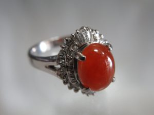 オレンジ色　翡翠　ダイヤモンド取巻　唐草　Pt900　リング　#12　中古　/11210